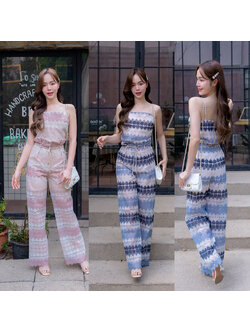 kudapy ชุดเซ็ทสีชมพู/สีฟ้า ผ้าลูกไม้ลายหัวใจ ขายาว แขนกุด ใส่สวยดูดี