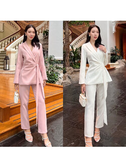 kudapy ชุดเซ็ทเสื้อสูททรงทันสมัย+กางเกง เสื้อแต่งจับจีบเพื่อให้ดูผอมเพรียม ด้านในเสื้อติดแป๊ก2 เม็ด