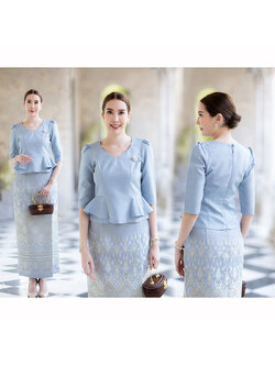 kudapy เซ็ตเสื้อ+ผ้าถุง เสื้อผ้าไหม+ผ้าถุงทอลายละเอียดทั้งตัว ตัดเย็บแบบห้องเสื้อ งานตัดเย็บสวยมากคุณภาพพรีเมี่ยม