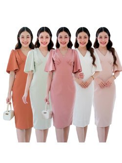 kudapy เดรสสั้นสีขาว/สีชมพู/สีครีม/สีมิ้น/สีชาไทย เข้ารูปทรงสอบ เอวสูงใต้อก คอวี ดีเทลต่อแขนระฆัง จีบยกบ่า