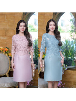 kudapy เดรสสั้นสีชมพู/สีฟ้า ผ้าไหมคลุมลุกไม้แขนศอก เนื้อผ้าทอลายแน่นๆ เป็นลูกไม้เงาปักเลื่อมเป็นเลื่อมใส่เม็ดเล็กมาก