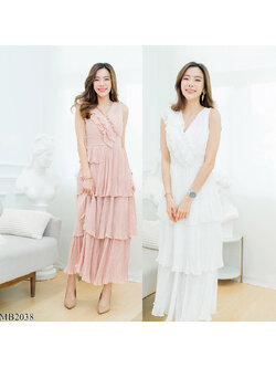 kudapy เดรสยาวสีชมพู/สีขาว แขนกุดกระโปรงพีท 3 ชั้น