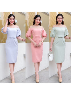 kudapy เดรสสั้นสีชมพูโอรส/สมิ้น/สีฟ้าอมเทา ทรงสอบ เปิดบ่าแขนพอง พร้อมเข็มขัดโบว์ กระโปรงสอบทรงดินสอ เก็บทรง ผ่าหลังเดินง่าย