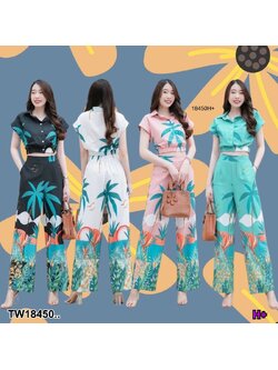 kudapy set 2 ชิ้น เสื้อครอปปกเชิ้ต ลายต้นมะพร้าว + กางเกงขาายาวลายต้นมะพร้าว เที่ยวทะเล