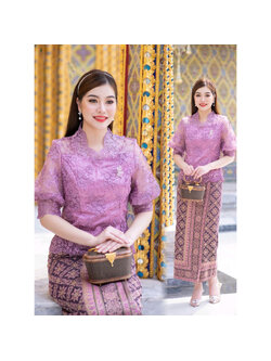 kudapy เซ็ท เสื้อลูกไม้ใยบวบฝรั่งเศษพรีเมี่ยม+ผ้าถุงผ้าฝ้ายทอลายบุพเพสันนิวาสสำเร็จรูปอัดกาวอย่างดี