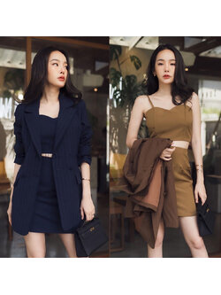 kudapy เซตสูทลายริ้วสีกรม/สีน้ำตาล มาคู่กับสายเดี่ยว พร้อมกระโปรงผ้าเรียบ งานสวย