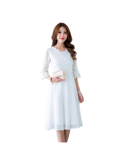 kudapy เดรสลูกไม้สั้นคอวีแขนสามส่วนสีขาว แขนกระดิ่ง เดรสทรงบานมีซับใน ซิบไลังอย่างดีค่ะ