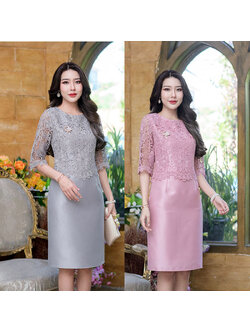 kudapy เดรสสั้นสีสีเทา/สีชมพู ผ้าไหมถักลายสวย ทอลายเนียน ชัดคมสวยมากๆ ลูกไม้รุ่นนี้เนื้อนุ่ม ดีไซน์เย็บคลุมด้วยเสื้อลูกไม้แขนศอกด้านบน