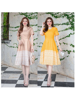 kudapy เดรสสั้น ผ้าโพลีแบบทองานพิมพ์ลาย คอกลม เนื้อผ้าไม่แข็งและไม่บาง ช่วงบ่าแต่งโบว์น่ารักๆ ตรงช่วงกระโปรงเป็นแบบผ้าต่อ