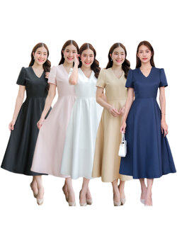 kudapy เดรสสั้นสีขาว ดำ ชมพูพาสเทล ทอง กรม แขนสั้น คอวี เกาหลีมากแม๊ คัตติ้งเริศแบบอลัง เข้ารูป เก็บทรง เอวสับๆ กระโปรงบาน