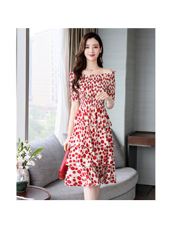 kudapy ชุดเดรสสั้นสีแดง,สีน้ำเงิน ใส่ทำงาน ผ้าโพลีเอสเตอร์ผสมพื้นสีครีม