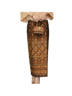 kudapy ผ้าถุงทอลายผ้าไหมอิตาลีสีน้ำตาลทอง ผ้าซิ่นตัดสำเร็จ เก็บเอวสวยตามแบบ