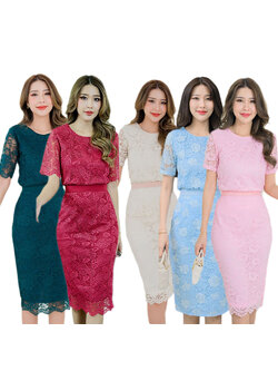 kudapy ชุดเซ็ทเสื้อ+กระโปรงสั้นสีเขียว/ฟ้า/แดง/ชมพู/ขาว ผ้าลูกไม้แขนสั้น คอกลม ใส่ออกงาน ใส่ทำงาน