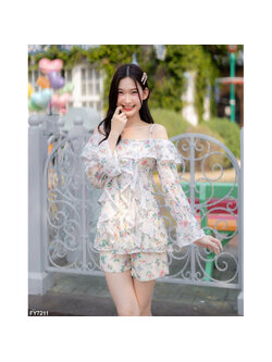 kudapy ชุดเซ็ทสีครีม อกระบายแขนยาว