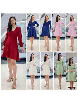 kudapy เดรสสั้นสีครีม ชมพู ชมพูพีช กรม เขียวมิ้นต์ แดง กระโปรงบาน พรางสะโพก ซิปหลัง ใส่ง่าย เนื้อผ้าเครปเกาหลี เย็นสบาย