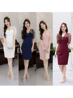 kudapy เดรสสั้นสีแดง/สีชมพู แขนตุ๊กตาขอบเพชร