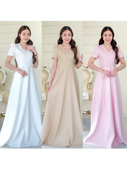 kudapy เดรสยาวสีขาว/สีชมพูพาสเทล/สีทอง แขนสั้น คอวี เกาหลีมากแม๊ คัตติ้งเริศแบบอลัง เข้ารูป เก็บทรง