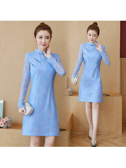 kudapy พร้อมส่ง !! ชุดเดรสลูกไม้คอจีนสีฟ้า สีชมพู สีครีม เดรสตรุษจีน แขนยาว แนวเรียบร้อย