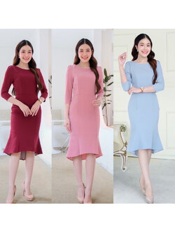 kudapy เดรสแขน3/4 กระโปรงทรงหางปลา เรียบหรูสุดๆ ใส่ไปงาน ผ้าเครปเกาหลี หนานุ่ม เด้งดึ๋ง ใส่สบาย