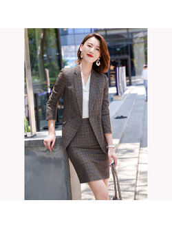 kudapy ชุดสูททำงานผู้หญิงสีช็อกโกแลตลายตารางพร้อมกระโปรง