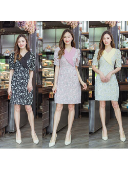 kudapy เดรสสั้นสีชมพู/สีดำ/สีเเหลือง เดรสทำงานทรงสูทลายดอก