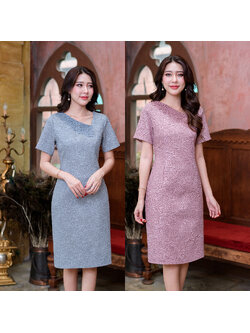 kudapy เดรสสั้น ผ้ากุหลาบปกเดี่ยวลูกไม้-ฟ้าเทา/สีชมพูกลีบบัว ผ้าลายกุหลาบ ใส่ออกงานสวยดูดี