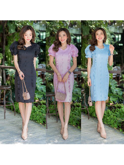 kudapy เดรสสั้นสีดำ/สีฟ้า/สีชมพู คอระบายแขนตุ๊กตา