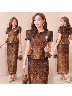 kudapy ชุดเซ็ทโทนสีน้ำตาล ไหมแพรวาทอลายกาฬสินทร์ เนื้อเบาสบาย + ผ้าถุง เอวสูงเพื่อทรงที่สวยงาม