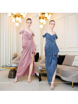 kudapy เดรสยาวสีเทาอมกรม/สีชมพูกลีบบัว ชุดราตรีไหล่ปิดไหล่ ทรงจับจีบผ่าข้างระบาย