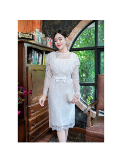 kudapy เดรสสั้นสีขาว ผ้าลูกไม้ฝรั่งเศส ลูกไม้นิ่มดีไซส์สวยหวานม ดีเทลคลุมไหล่ระบาย