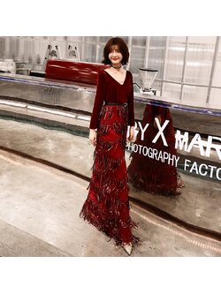 kudapy เดรสยาวสีแดงสไตล์เรียบหรูดูแพง แขนสามส่วนกระโปรงทรงหางปลาแต่งระบาย เรียบหรูดูแพง