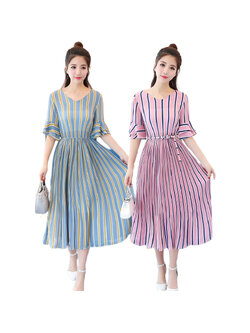 kudapy เดรสยาวฟ้า-ชมพู ผ้าชีฟอง จั้มเอว แต่งระบายแขน2ชั้น ช่วงบนบางนิดหน่อยไม่มีซับใน ช่วงกระโปรงมีซับใน