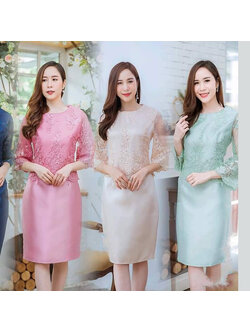 kudapy ชุดเดรสสั้นคอกลม แขนยาวสามส่วนสีเขียวมิ้ท์/สีชมพู/สีครีมทอง เดรสปักเลื่อมกากเพชร ทรงเอเข้ารูป งานซับใน ซิบหลัง