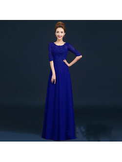 kudapy ชุดราตรียาว สีน้ำเงิน แขนยาว แบบเรียบหรู แต่งลูกไม้เซาะดอก ปักลูกปัดมุก