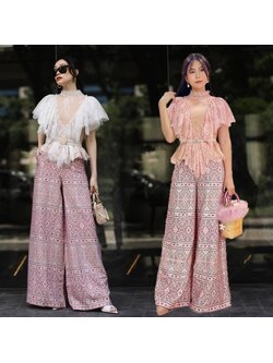 kudapy เซตเสื้อลูกไม้แต่งระบายสีขาว,สีชมพู +กางเกงขายาวทรงขาบสนพิมพ์ลาย