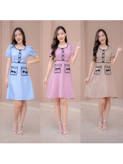 kudapy เดรสสั้นสีฟ้า/สีชมพู/สีน้ำตาล แต่งแถบกระเป๋าโบว์ สวยดูดี