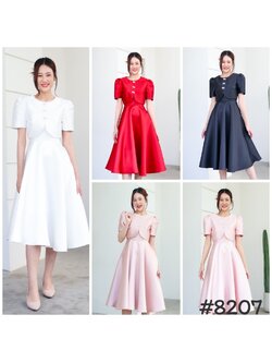 kudapy เดรสออกงานแต่งเชิ้ต สีขาว ,แดง ,ชมพู ,โรสโกลด์, ดำ คอกลมแต่งครอป ประดับกระดุมโบว์จิ๋ว