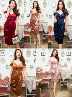 kudapy เดรสสั้นเปิดไหล่ แต่งสายเดี่ยว สีโรสโกลด์ ,น้ำตาลอิฐ ,เขียวแก่ ,ชมพู ,กรมท่า ,เทา ,แดงเลือดหมู ผ้าเปเป้ไม่ยืด กปสั้นอ้อมแขน กปจีบสั่น