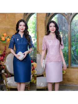 kudapyเดรสสั้นสีชมพูอ่อน/สีกรม ผ้าไหมลูกไม้ปักเงา ช่วงแขน คอเสือ ชายเสื้อ ใช้เชิงผ้าเล่นลายสวยทั้งหมด งานดีไซน์ใส่ง่ายออกงานสวยแนวสวยสุภาพ