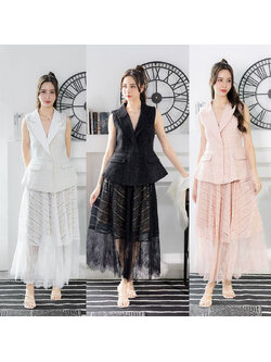 kudapy เซตเสื้อทรงสูทสีชมพู/สีขาว/สีดำ แขนกุด+กระโปรงยาวตาข่าย แต่งผ้าระบาย