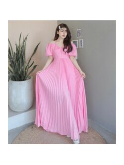 kudapy เดรสยาวแขนพอง สายผูกคอ กระโปรงอัดพลีท เดรสไปทะเลพริ้วๆ