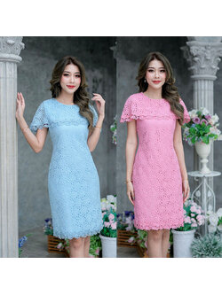 kudapy เดรสสั้นสีชมพู/สีฟ้า ลูกไม้เนื้อนิ่ม งานเดรสทรงเก๋ๆค่ะ เป็นงานคลุมไหล่ แต่งลูกไม้ช่วงชายกระโปรง และชายเสื้อ