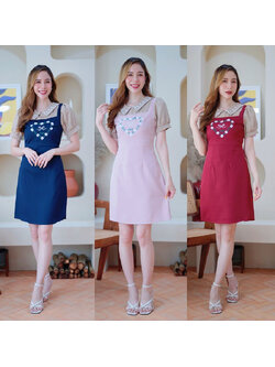 kudapy เดรสสั้นสีกรม/สีชมพู/สีแดง คอปกลายปักลูกหัวใจใส่สบายสวยดูดี