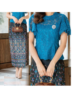 kudapy ผ้าถุงแพรวากาฬสินธุ์ พื้นสีดำพิมพ์ลายสีเขียวน้ำทะเล งานสวยเนียบตัดเย้บคุณภาพ ปรับแก้ขยายข้างได้ 2 นิ้ว(ข้างละ 1 นิ้ว)(ราคาเฉพาะผ้าถุง)