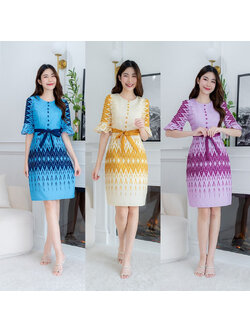 kudapy เดรสสั้นสีฟ้า/สีม่วง/สีเหลือง ลายไทยแขนกระดิ่งผูกเอว