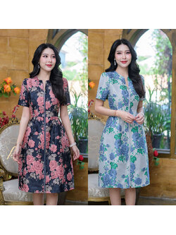 kudapy เดรสสั้นสีฟ้า/สีกรม ผ้า jacquard ลายสวย ทรงเดรสจะเป็นกระโปรงบานบอลลูน มีซับในทั้งชุด