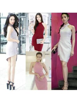 kudapy เดรสสั้นคอกลมแขนกุดสีขาว ,ชมพู, เทา ,แดง ทรงไหล่ล้ำเนื้อผ้าซาร่าสีพื้นเรียบๆ แต่งผ้าป้ายหน้ากระโปรง