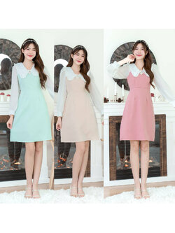 kudapy เดรสสั้นสีเขียว/สีชมพู/สีน้ำตาล ทรงบานคอปแต่งกระบายแขนยาว