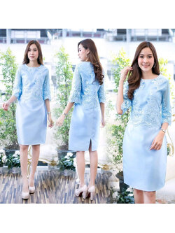 kudapy เดรสสั้นไปงานลูกไม้สีฟ้าคอกลมแขนสามส่วน เดรสใส่ออกงานผ้าลูกไม้ปักเลื่อม ซับในซิบหลังอย่างดี