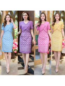 kudapy เดรสอัดกาวผ้ามอสเครปญี่ปุ่นปริ้นลายลงเนื้อผ้าช่วงบนเป็นแบบกั๊กแต่งระบายดระดุมหลอก คอวี